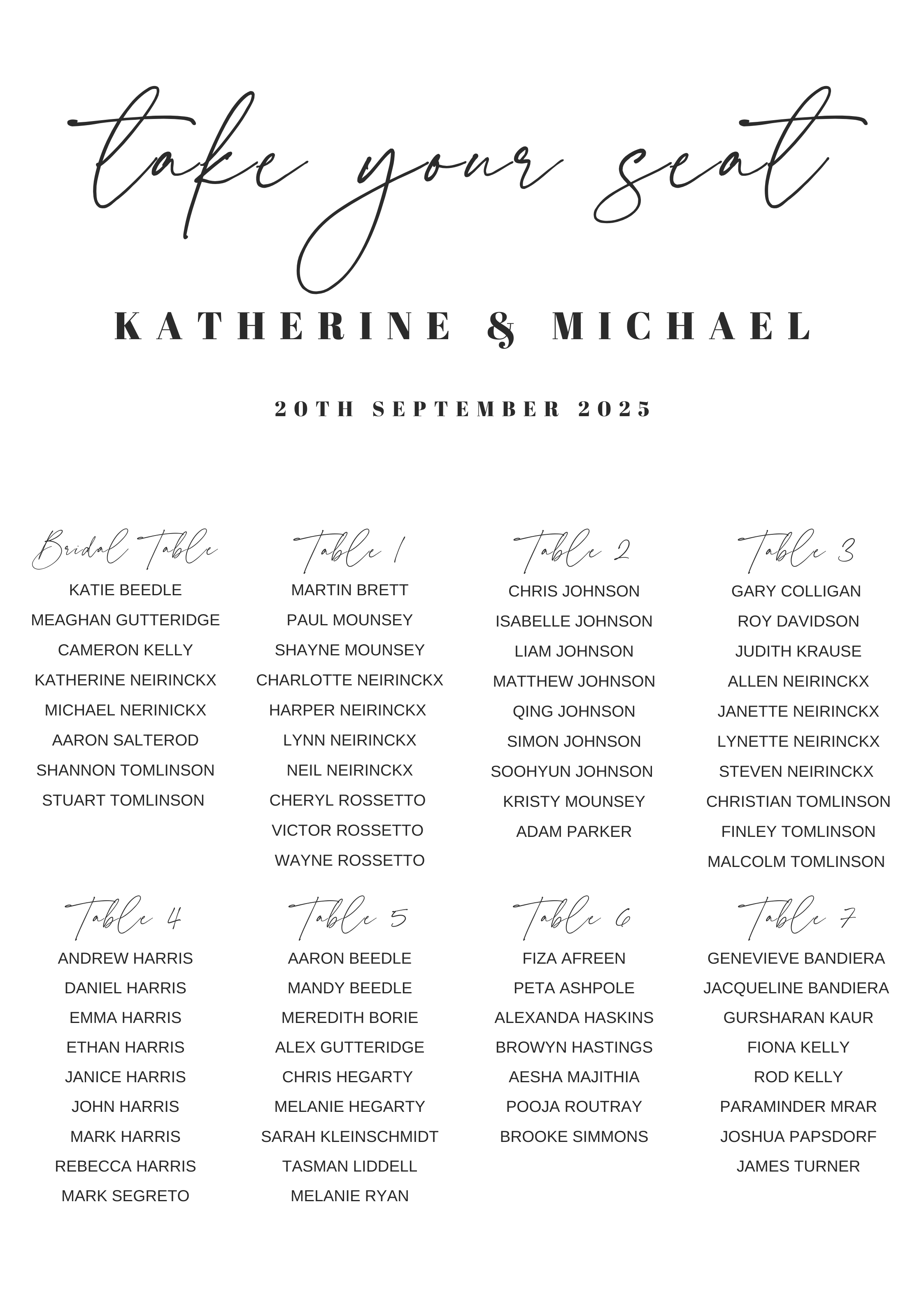 A1 Seating Plan Design & Print